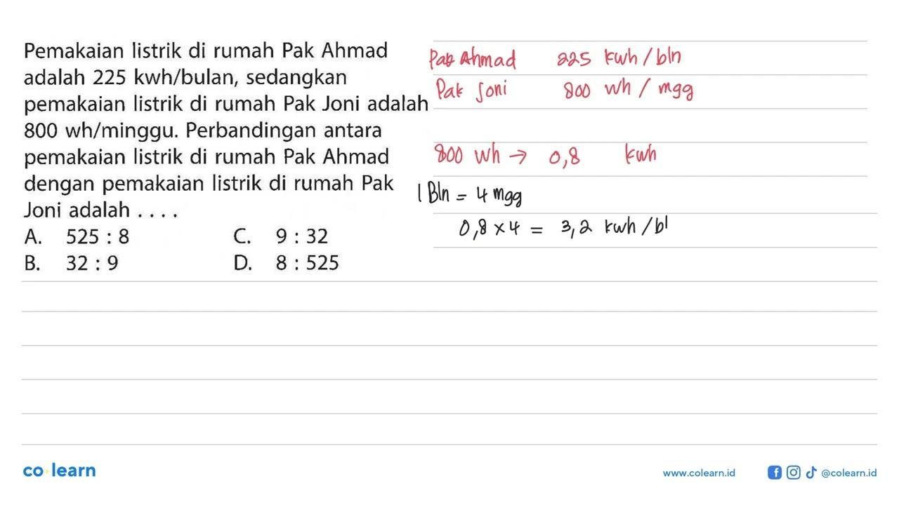 Pemakaian listrik di rumah Pak Ahmad adalah 225 kwh/bulan ,