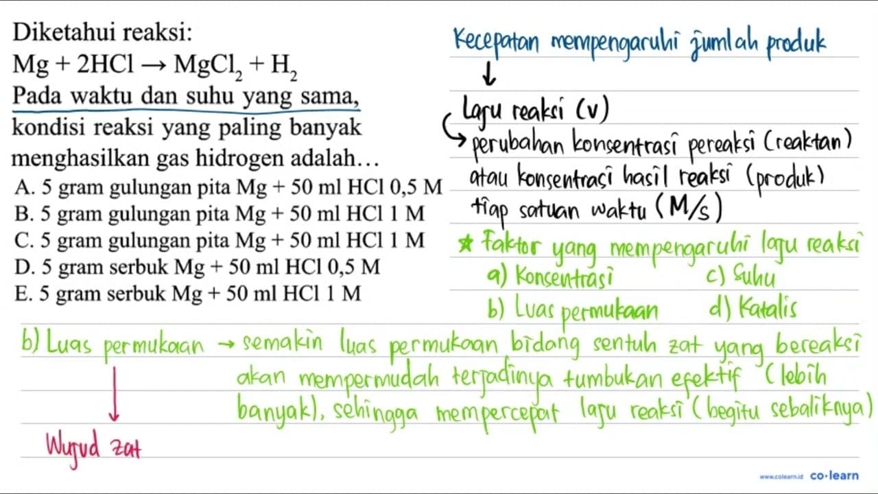 Diketahui reaksi: Mg+2 HCl -> MgCl_(2)+H_(2) Pada waktu dan