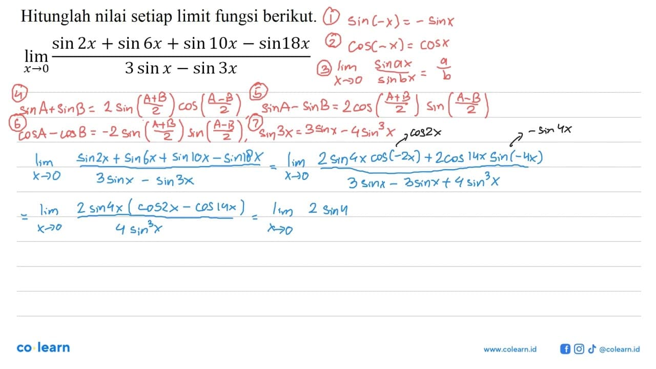 Hitunglah nilai setiap limit fungsi berikut. limit x->0