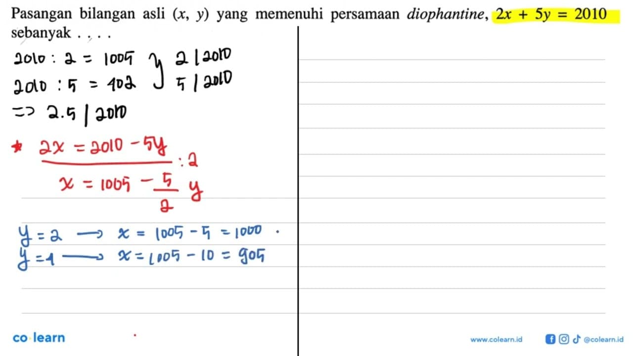 Pasangan bilangan asli (x,y) yang memenuhi persamaan