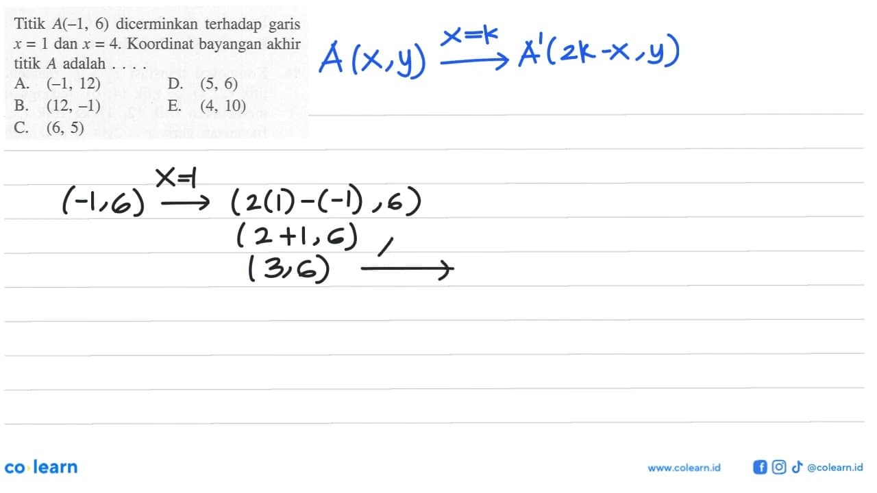 Titik A(-1,6) dicerminkan terhadap garis x=1 dan x=4.