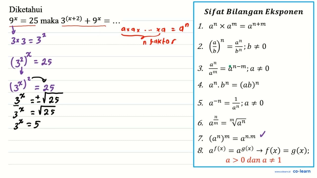 Diketahui 9^x=25 maka 3^(x+2)+9^x=...