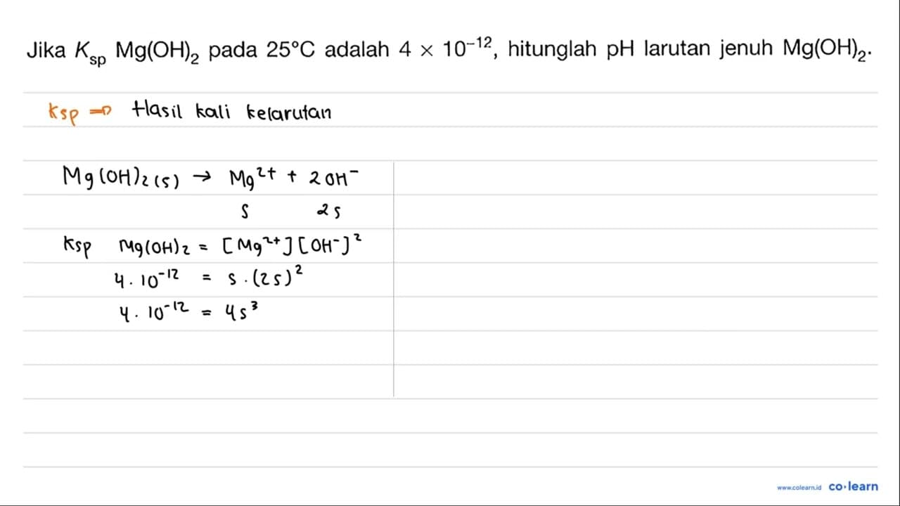 Jika Ksp Mg(OH)2 pada 25 C adalah 4 x 10^(-12), hitunglah