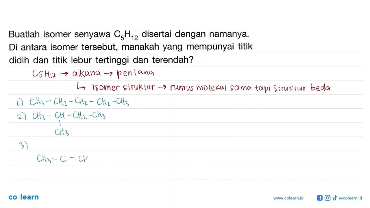 Buatlah isomer senyawa C5H12 disertai dengan namanya. Di