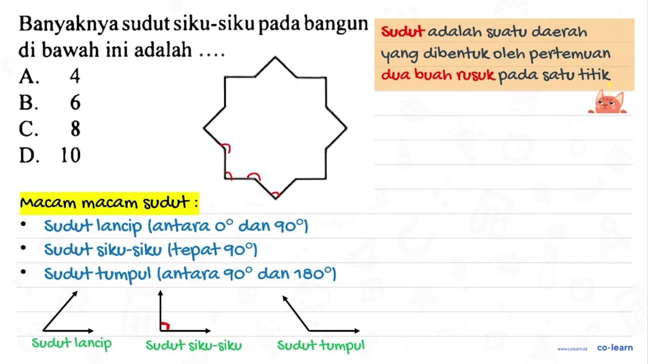 Banyaknya sudut siku-siku pada bangun di bawah ini adalah