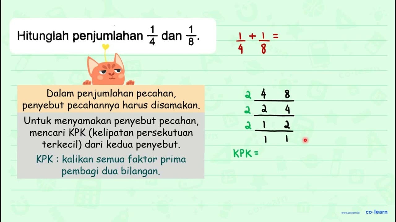 Hitunglah penjumlahan (1)/(4) dan (1)/(8) .