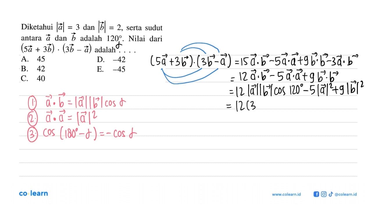 Diketahui |a|=3 dan |b|=2, serta sudut antara a dan b