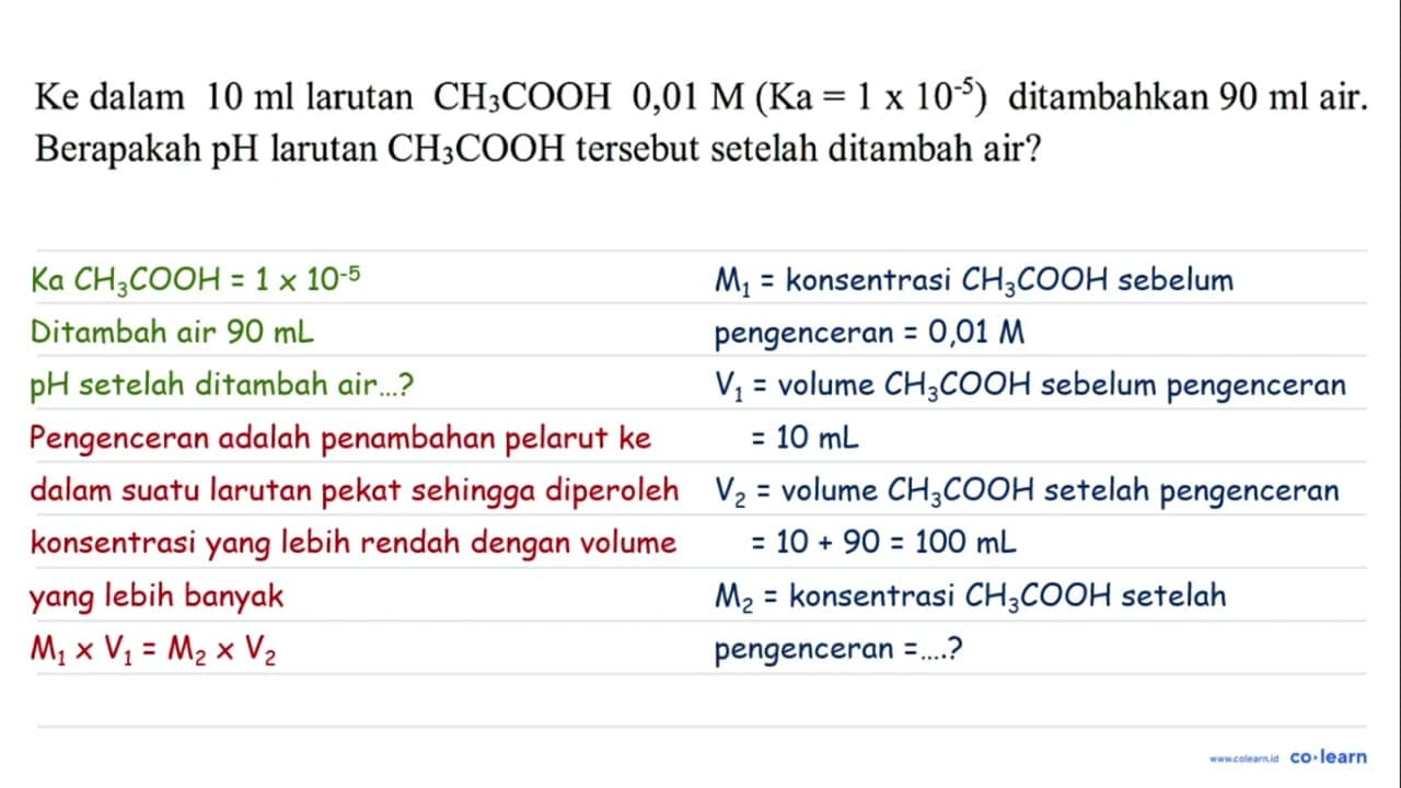 Ke dalam 10 ml larutan CH3 COOH 0,01 M(Ka=1 x