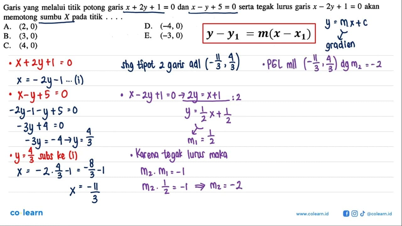 Garis yang melalui titik potong garis x + 2y + 1 = 0 dan x