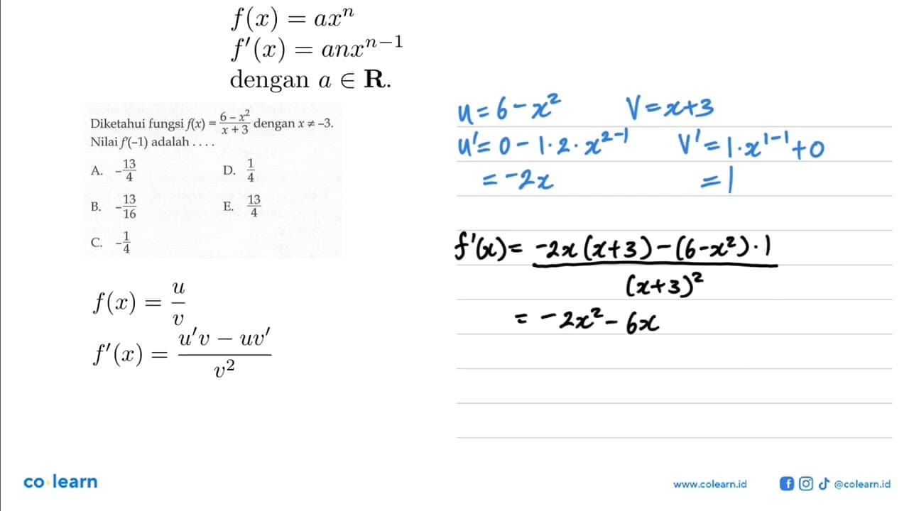 Diketahui fungsi f(x)=(6-x^2)/(x+3) dengan x =/=-3 . Nilai