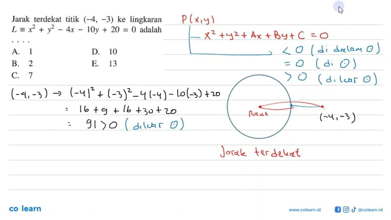 Jarak terdekat titik (-4,-3) ke lingkaran L ekuivalen