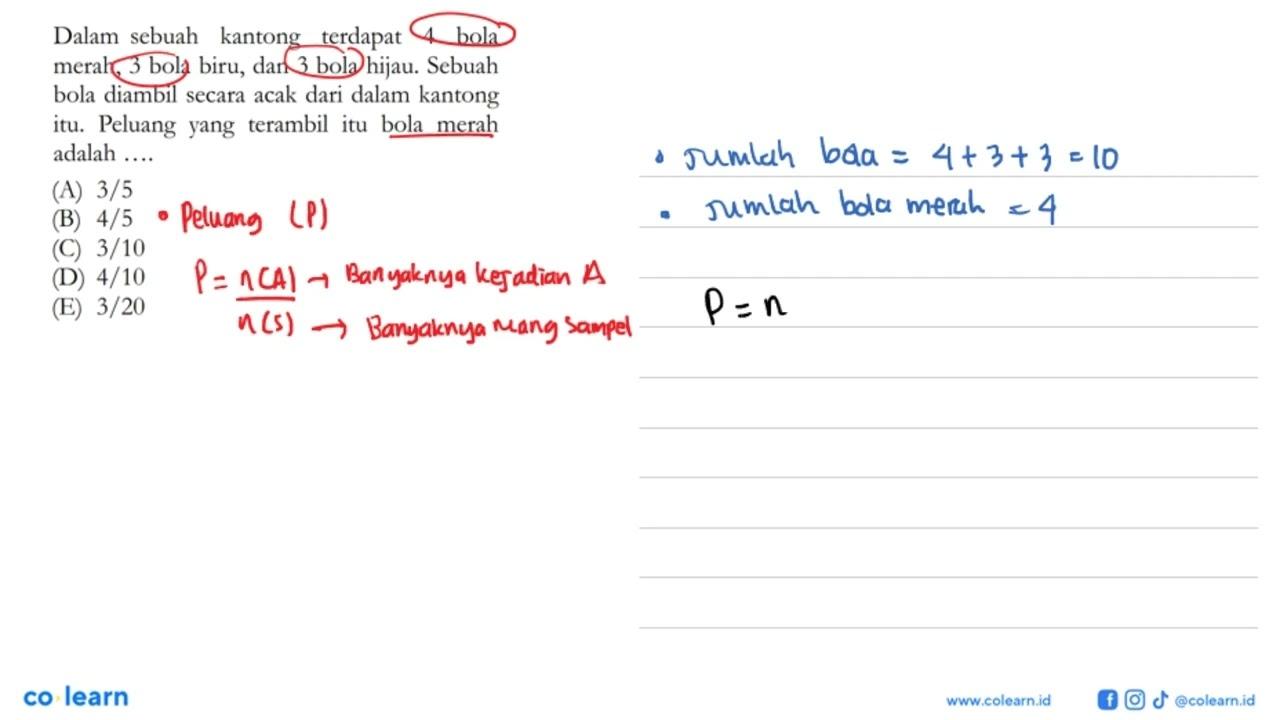 Suatu kantong berisi 10 kelereng merah dan 20 kelereng