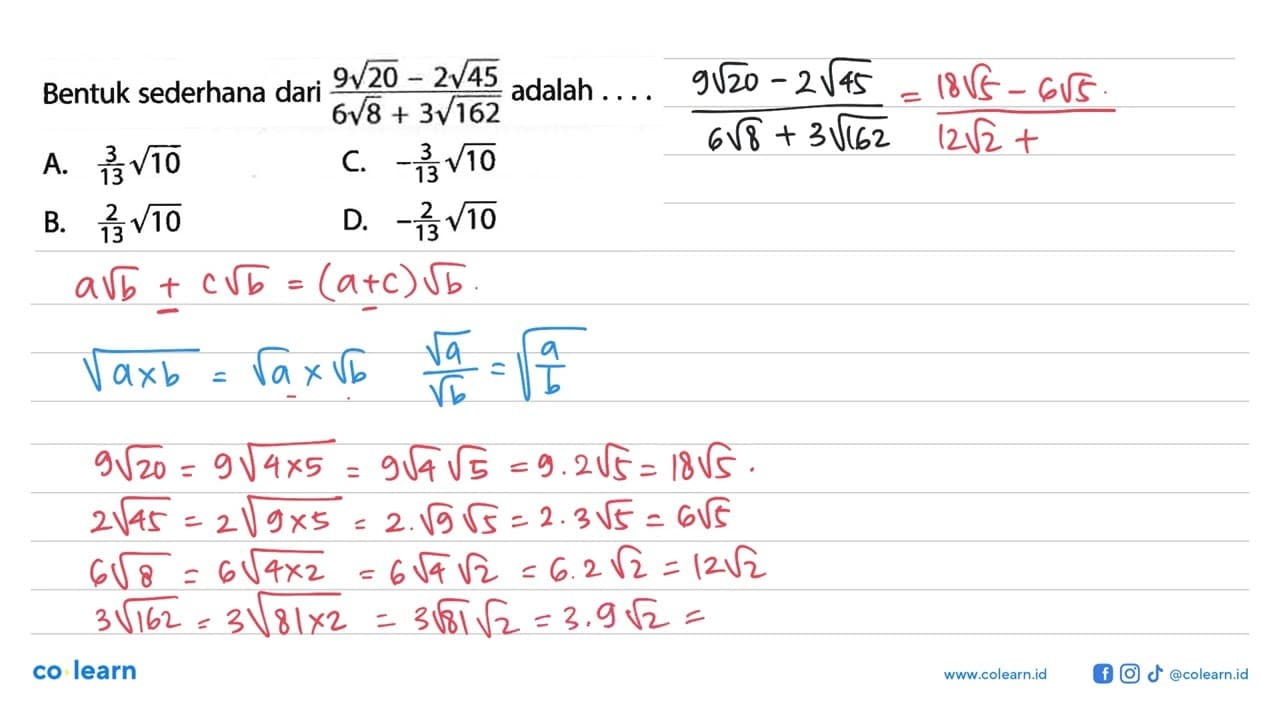 Bentuk sederhana dari (9 akar(20) - 2 akar(45))/(6 akar(8)