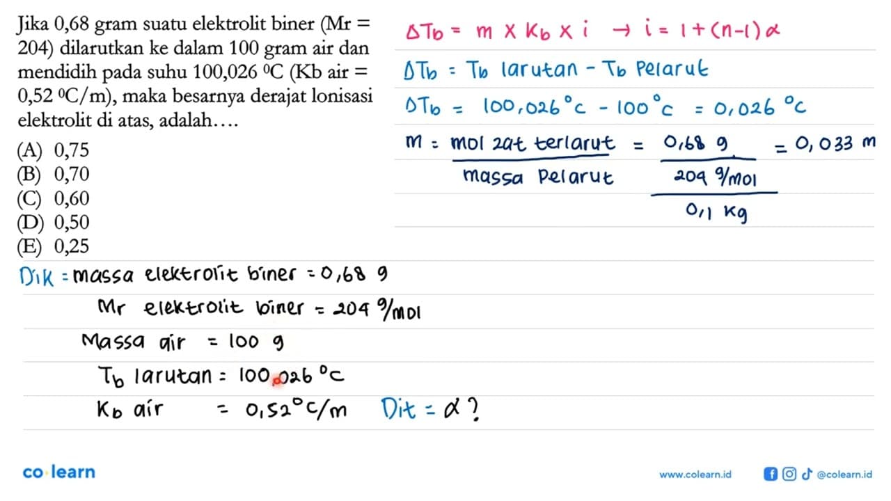 Jika 0,68 gram suatu elektrolit biner (Mr = 204) dilarutkan