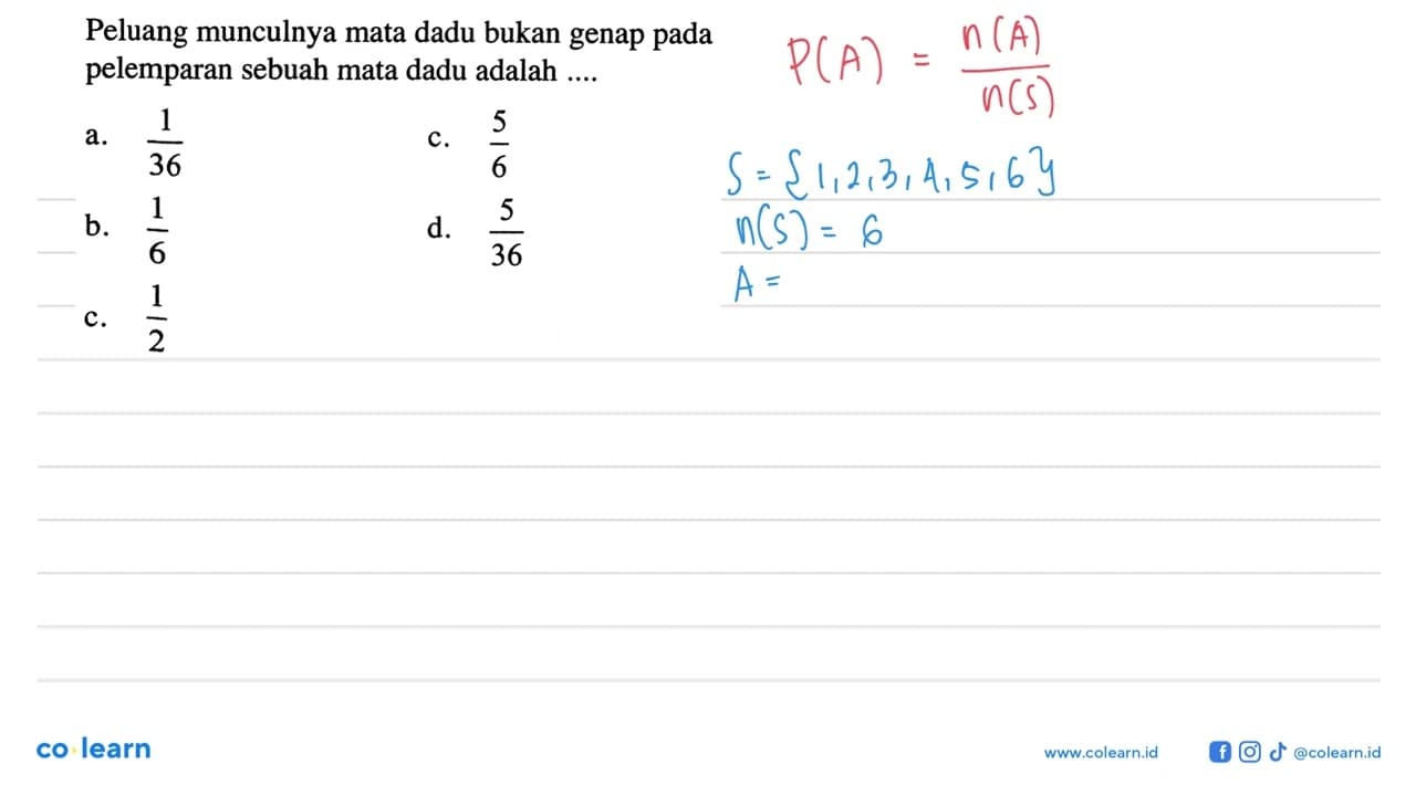 Peluang munculnya mata dadu bukan genap pada pelemparan