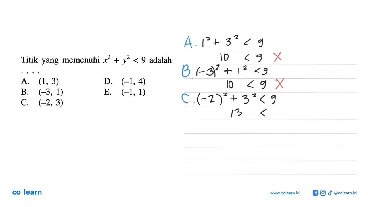 Titik yang memenuhi x^2+y^2 < 9 adalah