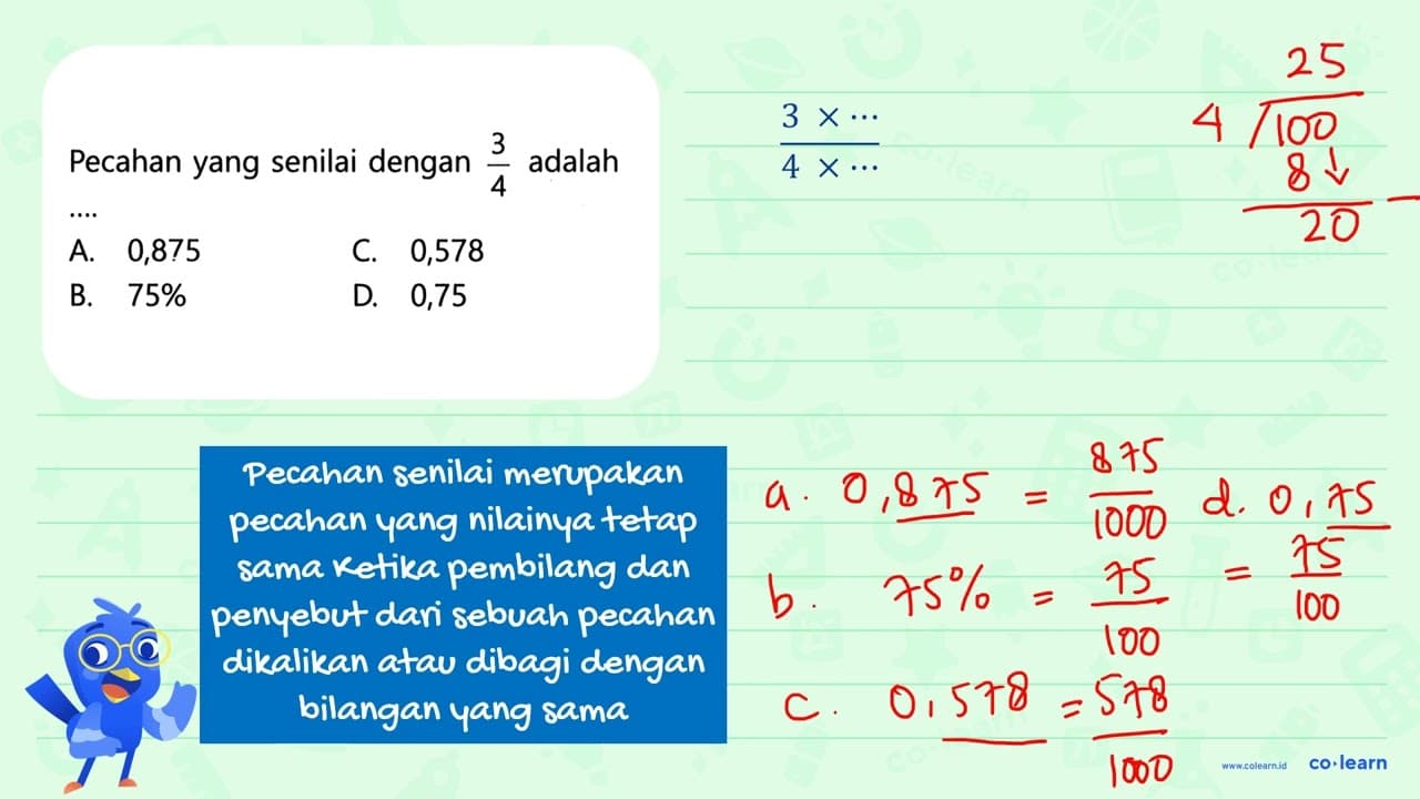 Pecahan yang senilai dengan 3/4 adalah....