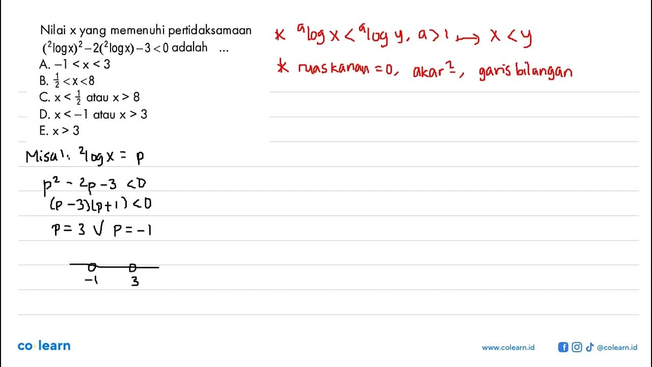 Nilai x yang memenuhi pertidaksamaan (2log x)^2- 2(2log