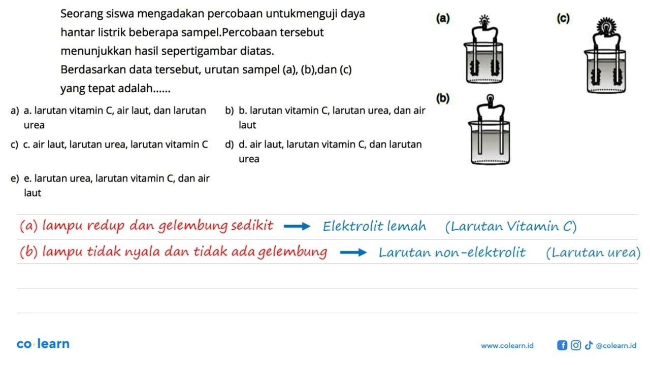 Seorang siswa mengadakan percobaan untukmenguji daya hantar