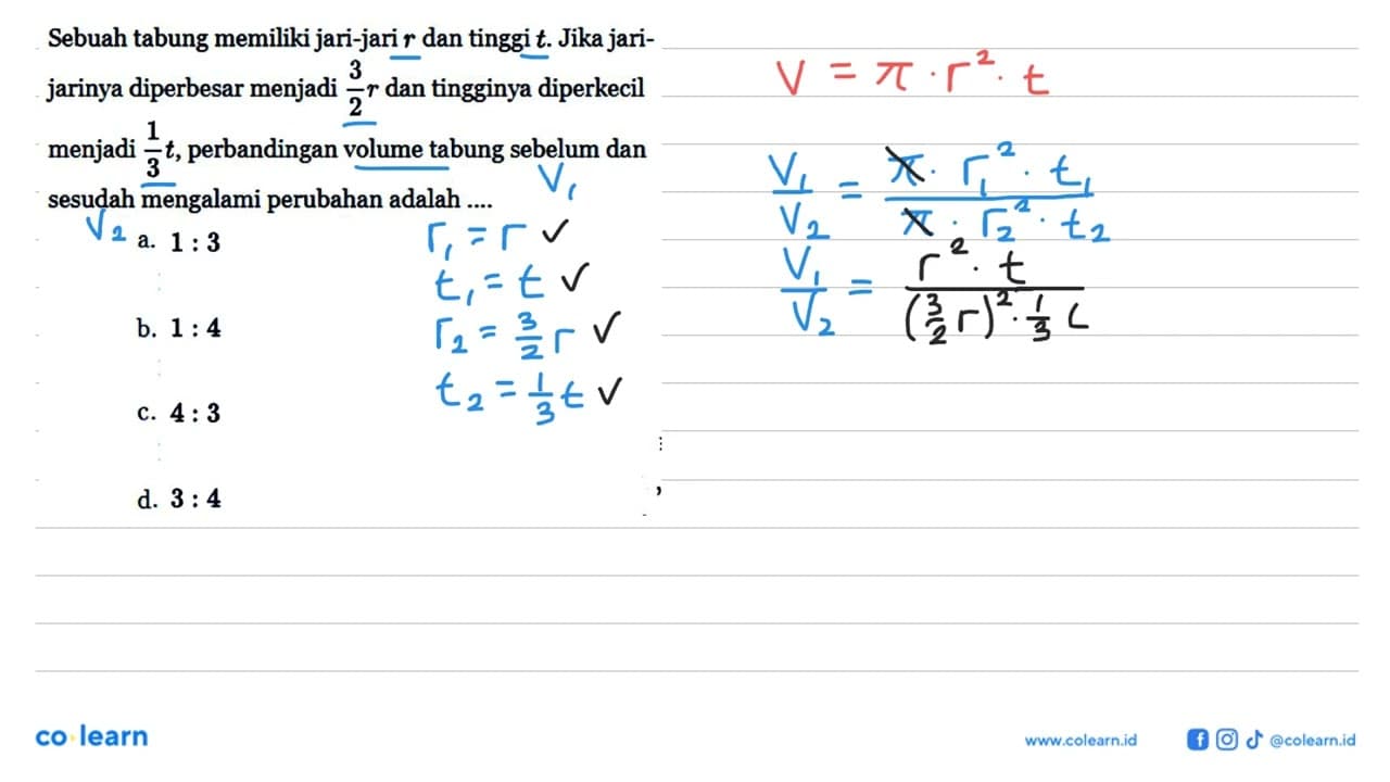 Sebuah tabung memiliki jari-jari r dan tinggi t. Jika