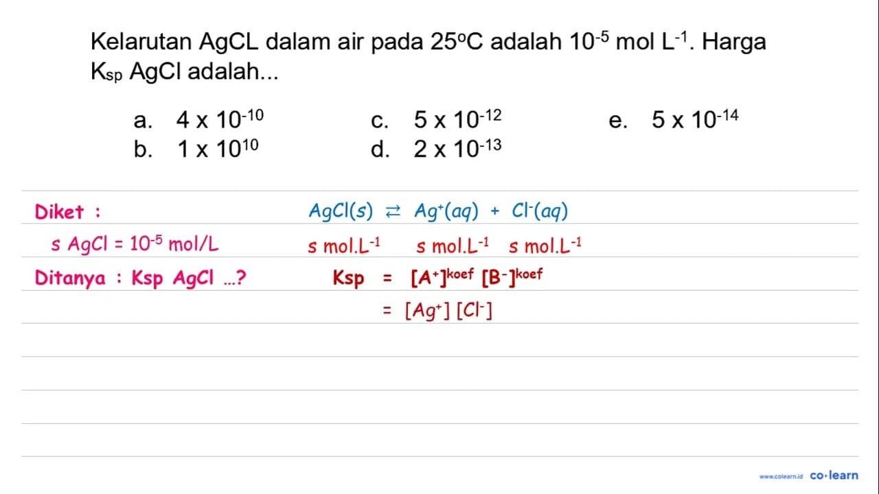 Kelarutan AgCL dalam air pada 25 C adalah 10^(-5) ~mol