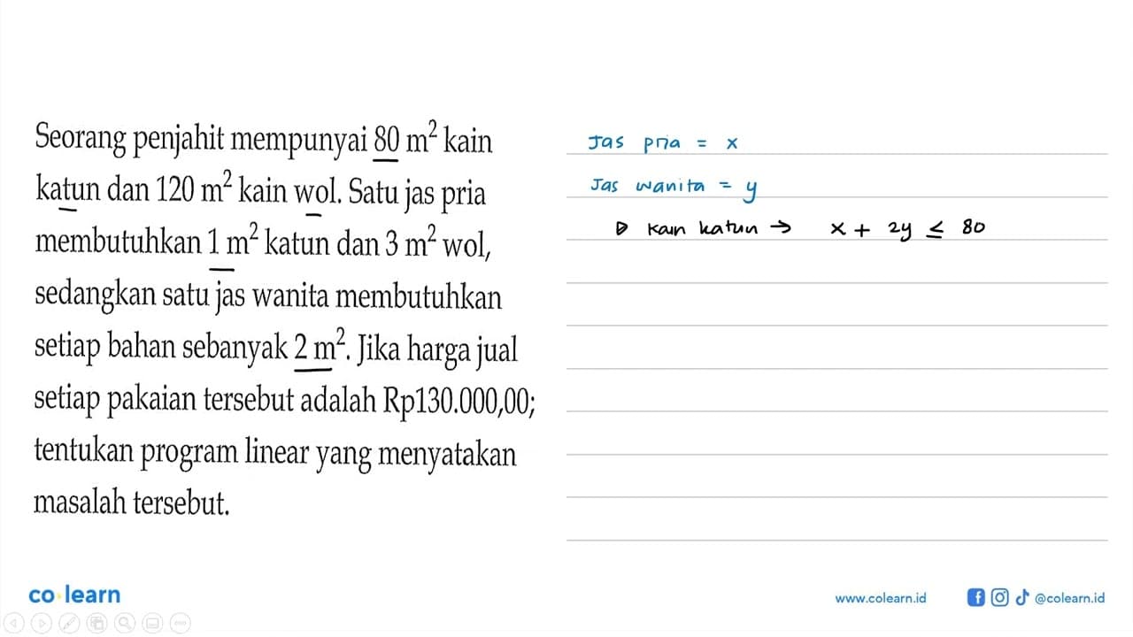 Seorang penjahit mempunyai 80 m^2 kain katun dan 120 m^2