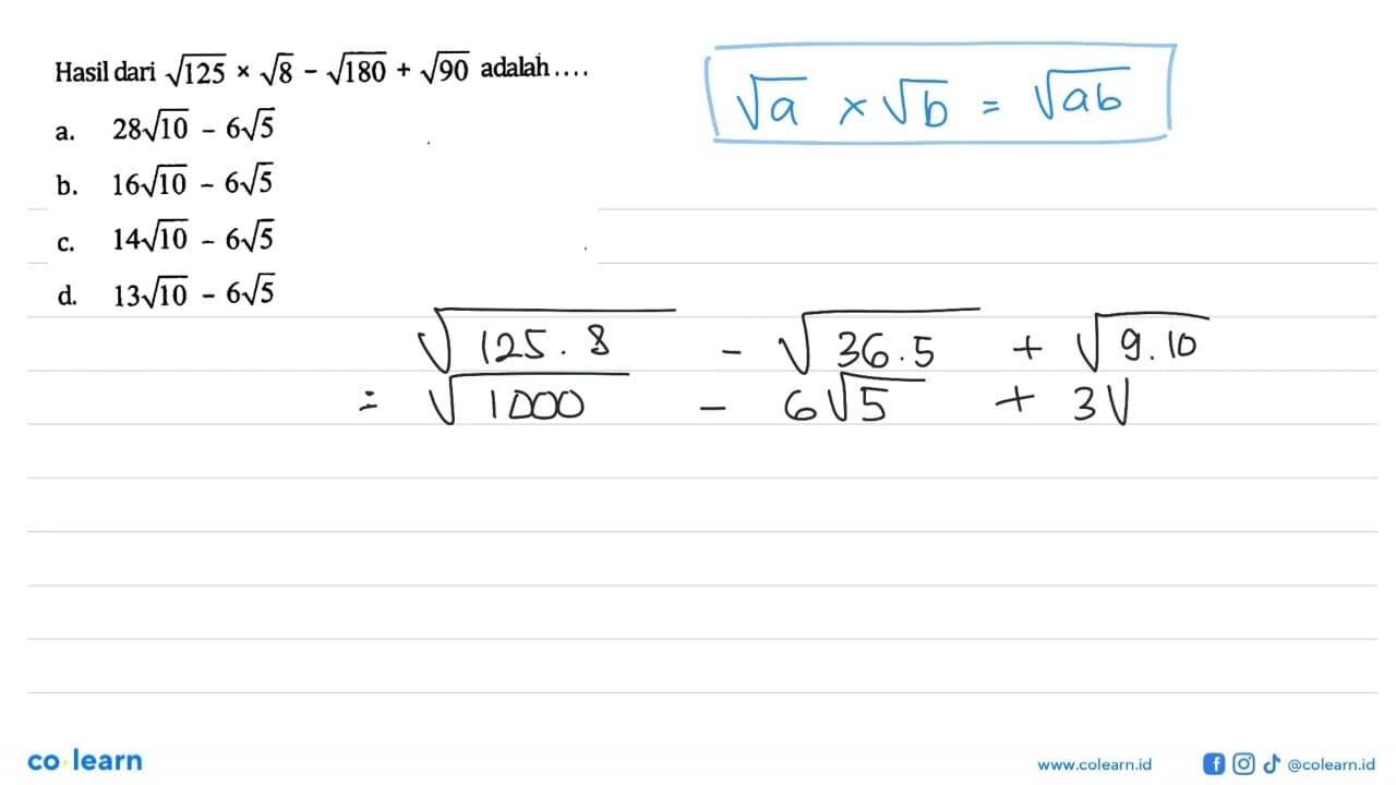 Hasil dari akar(125) x akar(8) - akar(180) + akar(90)