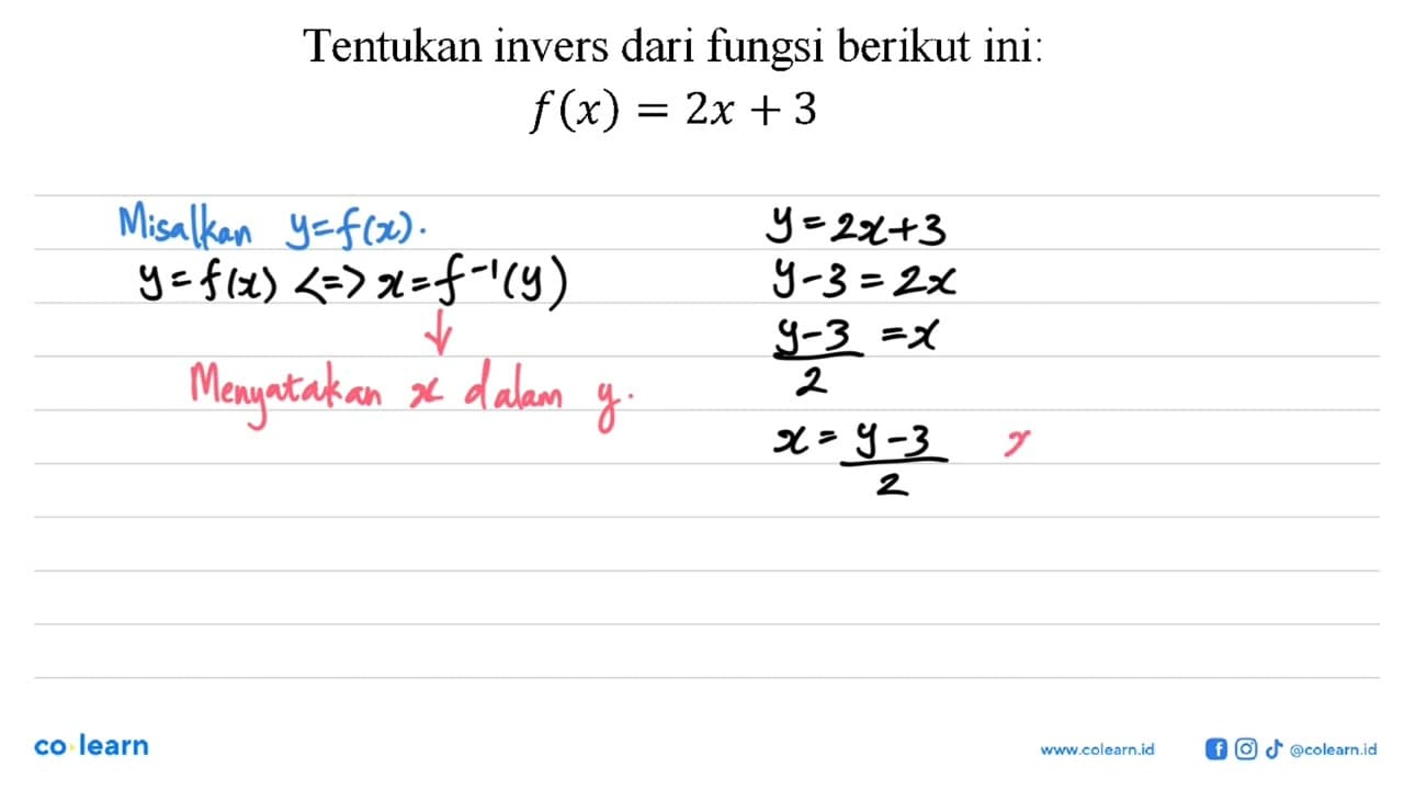 Tentukan invers dari fungsi berikut inif(x)=2 x+3