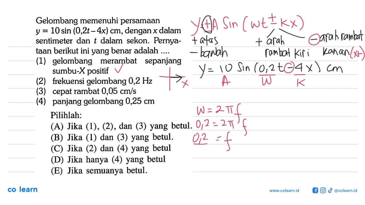 Gelombang memenuhi persamaan y=10 sin (0,2 t-4x) cm, dengan