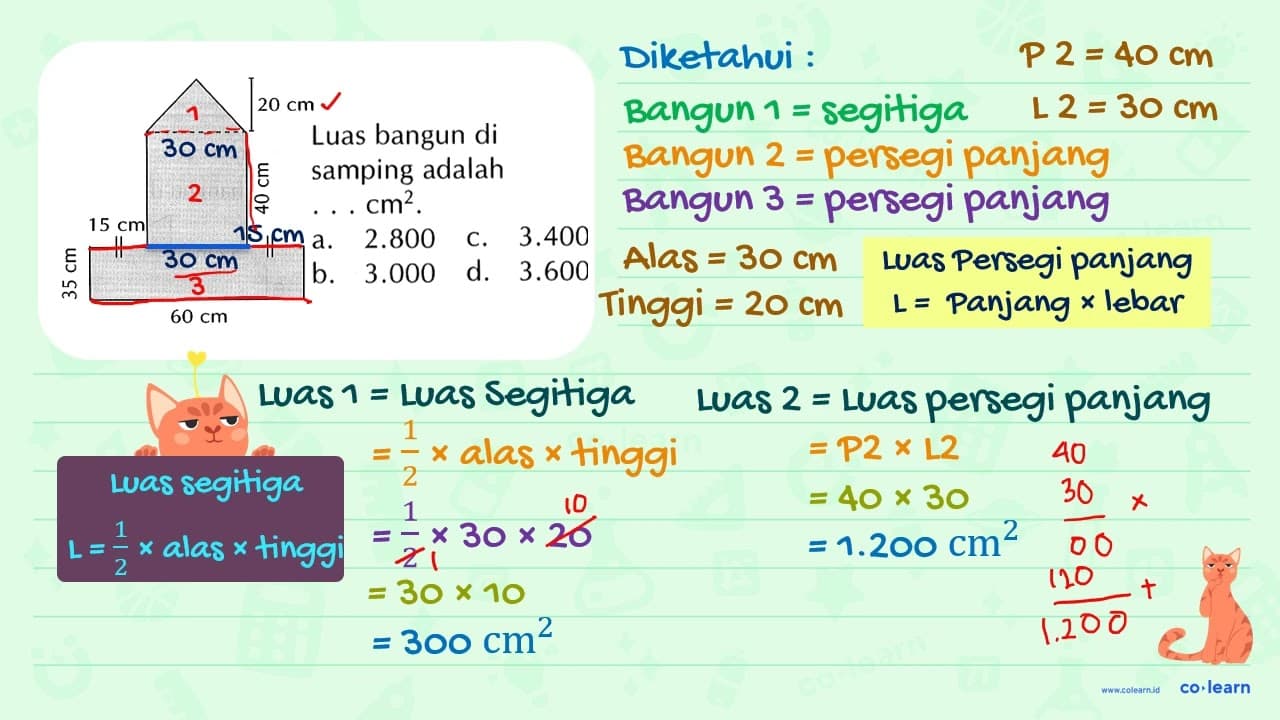 Luas bangun di samping adalah ... cm^2. 20 cm 40 cm 15 cm