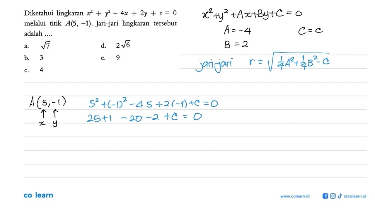 Diketahui lingkaran x^2+y^2-4x+2y+c=0 melalui titik A(5,-1)