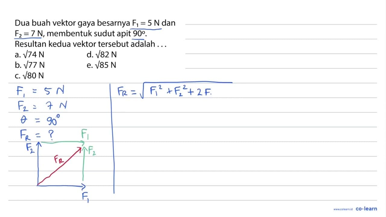 Dua buah vektor gaya besarnya F1 = 5 N dan F2 = 7 N,