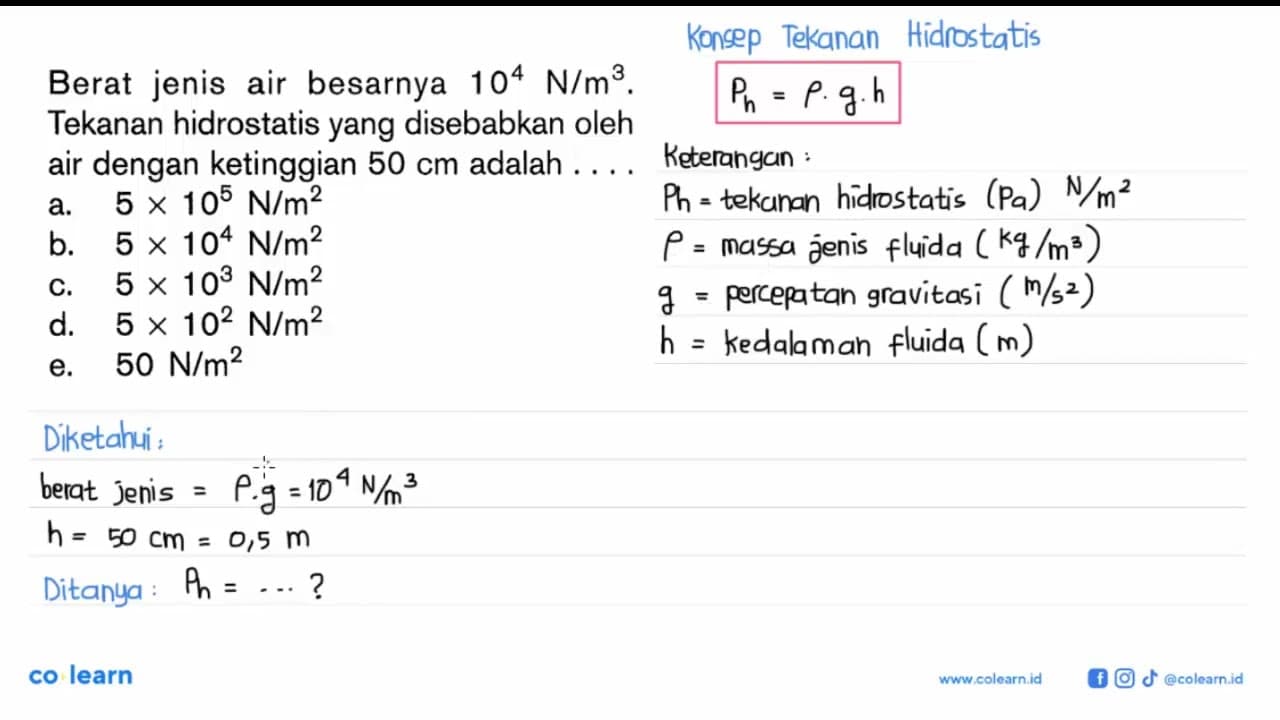 Berat jenis air besarnya 10^4 N/m^3. Tekanan hidrostatis