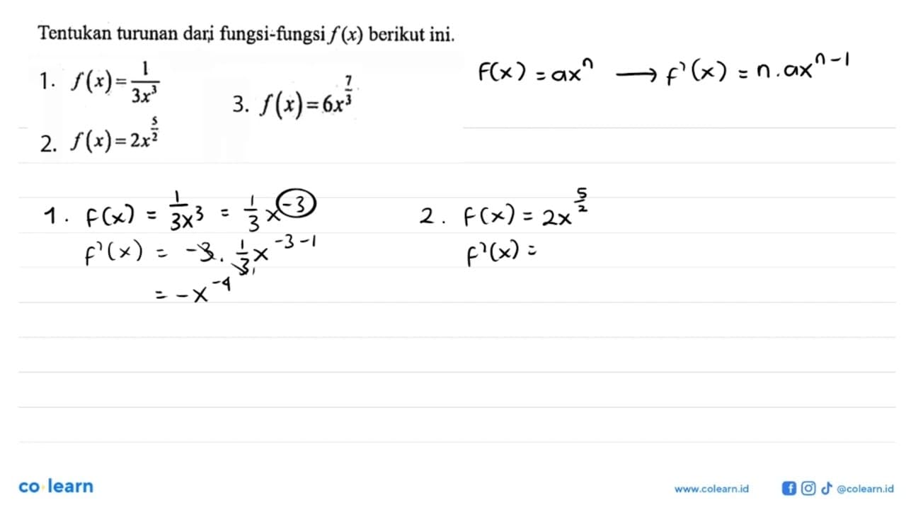 Tentukan turunan dari fungsi-fungsi f(x) berikut ini.1.