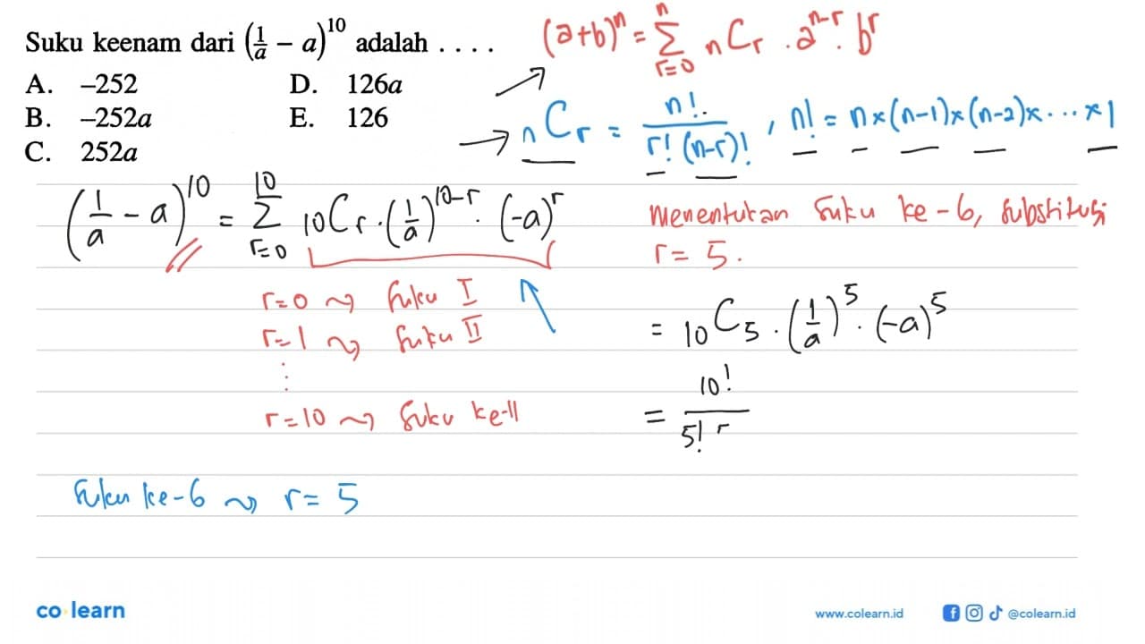 Suku keenam dari (1/a - a)^10 adalah ...