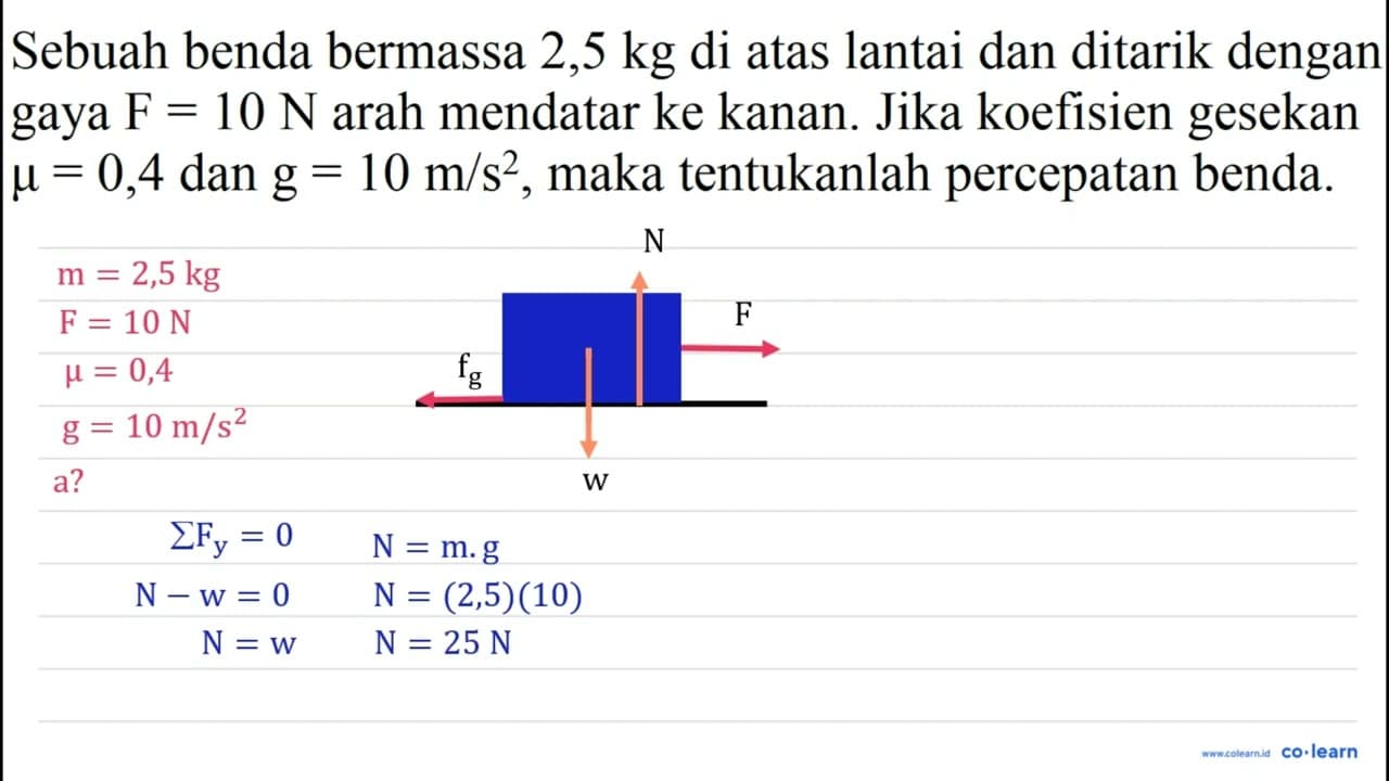 Sebuah benda bermassa 2,5 kg di atas lantai dan ditarik