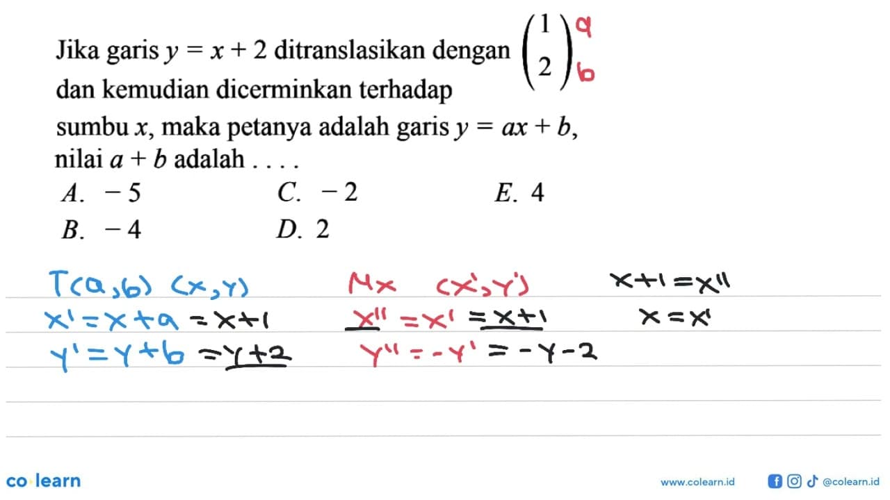 Jika garis y=x+2 ditranslasikan dengan (1 2) dan kemudian