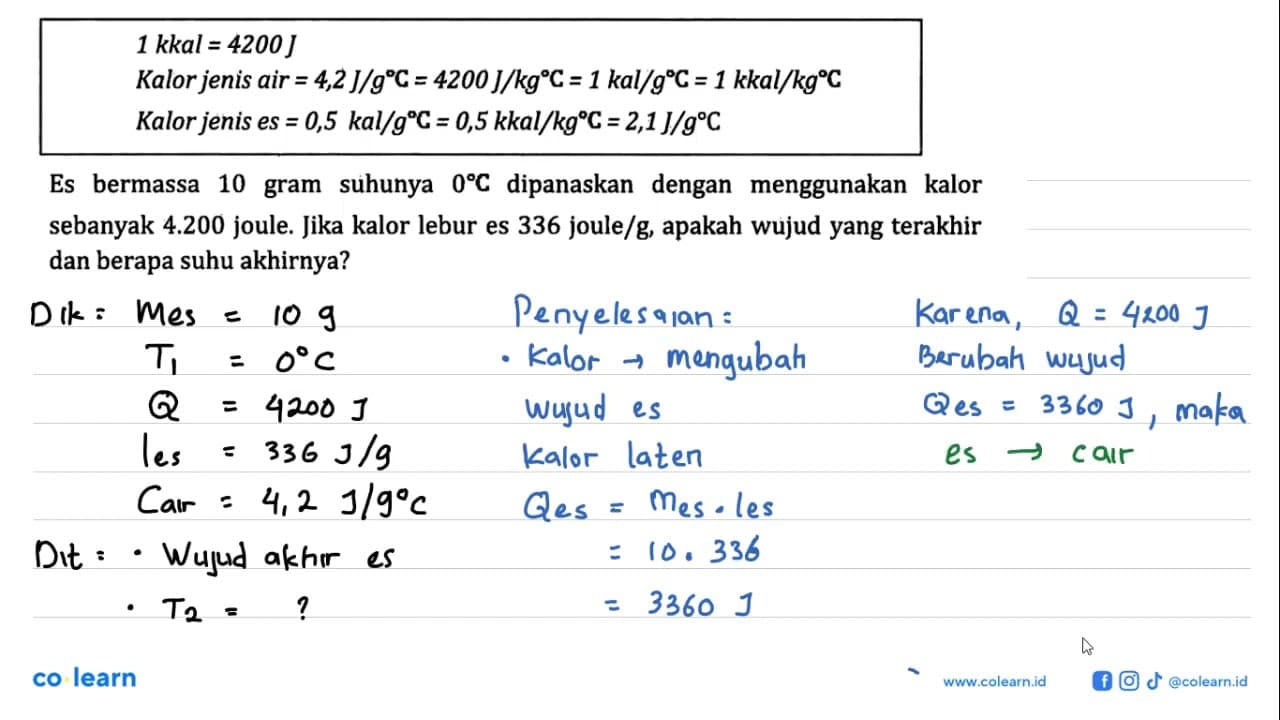 1 kkal = 4200 J Kalor jenis air = 4,2 J/kgC = 4200 J/kgC =