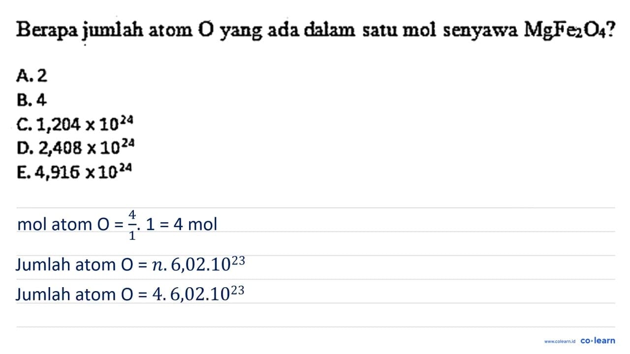 Berapa jumlah atom O yang ada dalam satu mol senyawa MgFe2