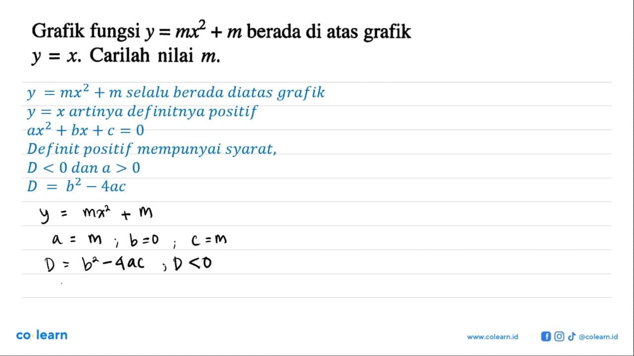 Grafik fungsi y=mx^2+m berada di atas grafik y=x. Carilah