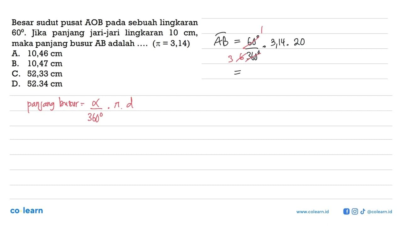Besar sudut pusat AOB pada sebuah lingkaran 60. Jika