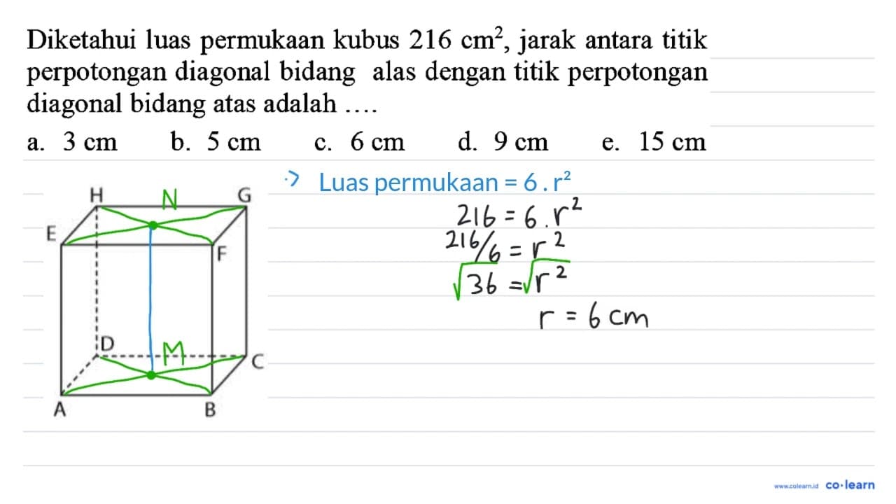 Diketahui luas permukaan kubus 216 cm^(2) , jarak antara