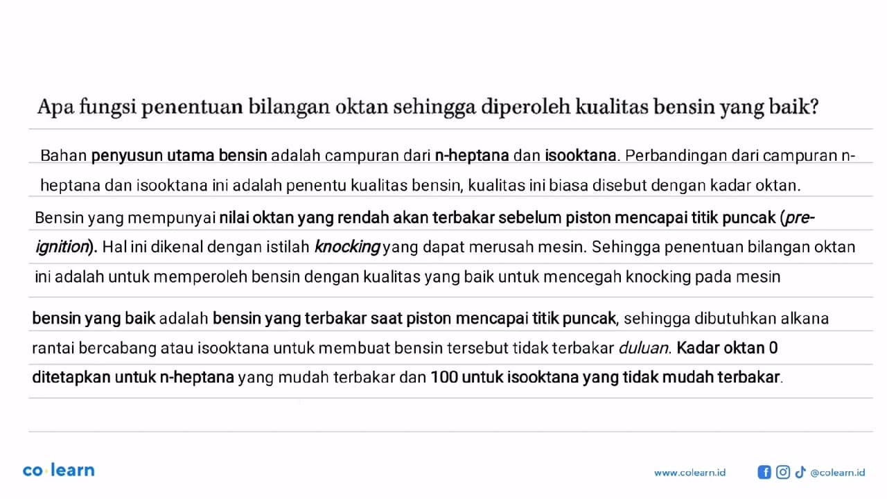 Apa fungsi penentuan bilangan oktan sehingga diperoleh