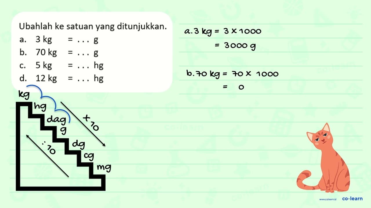 a. 3 kg = ... g b. 70 kg = ... g c. 5 kg = ... hg d. 12 kg