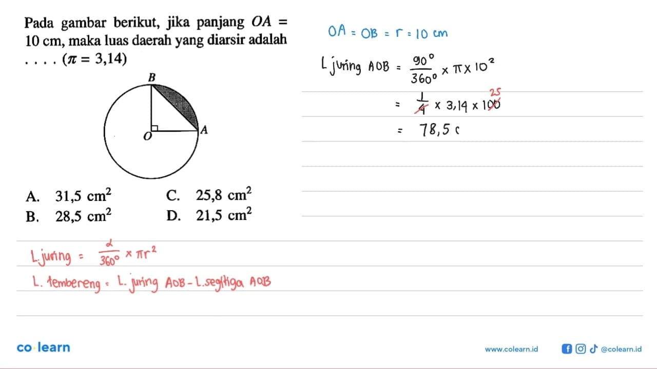 Pada gambar lingkaran berikut, jika panjang OA = 10 cm,