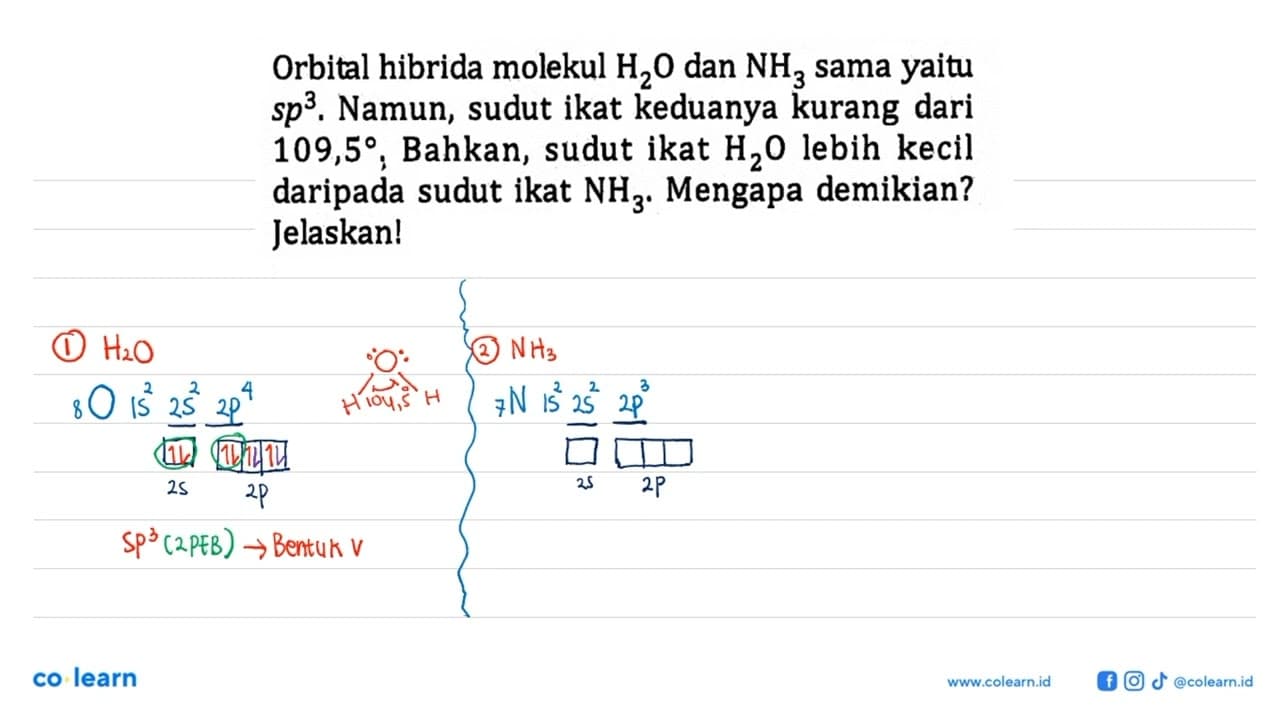 Orbital hibrida molekul H2O dan NH3 sama yaitu sp^3. Namun,