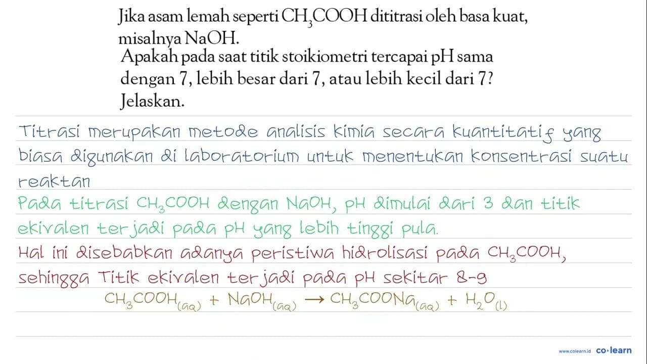 Jika asam lemah seperti CH3COOH dititrasi oleh basa kuat,