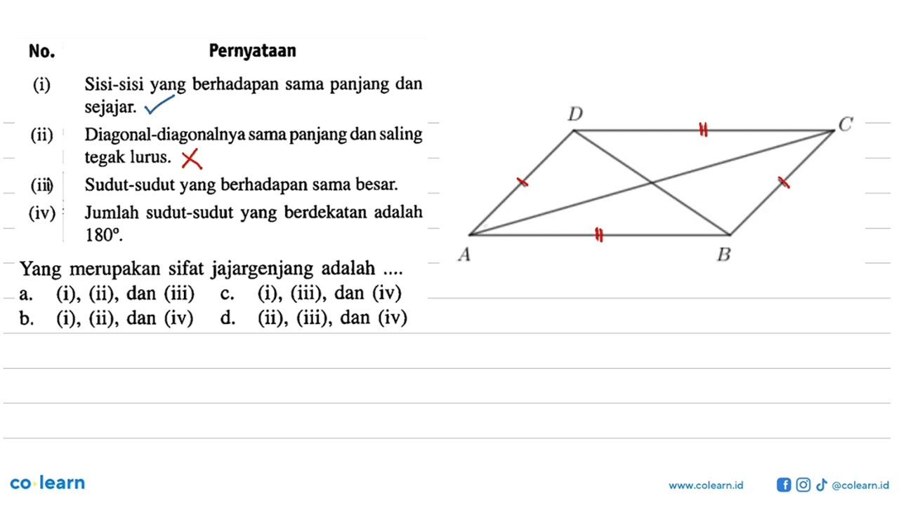 No.Pernyataan(i) Sisi-sisi yang berhadapan sama panjang dan