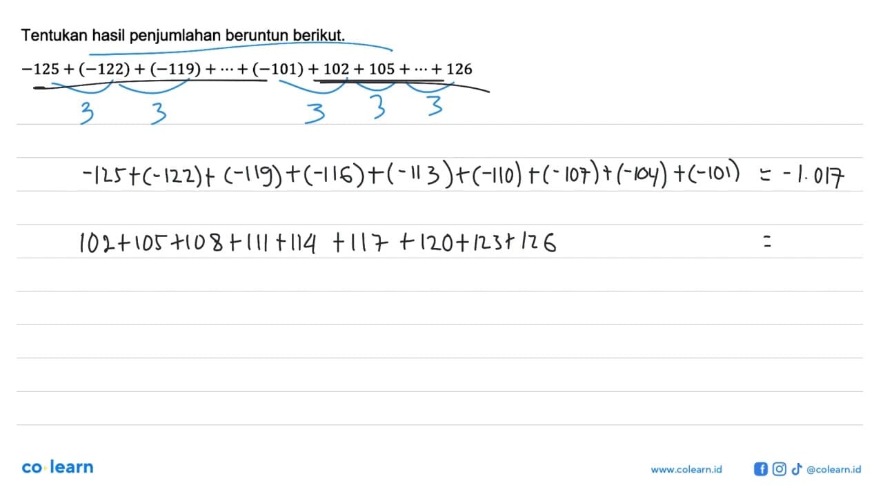 Tentukan hasil penjumlahan beruntun berikut. -125 + (-122)