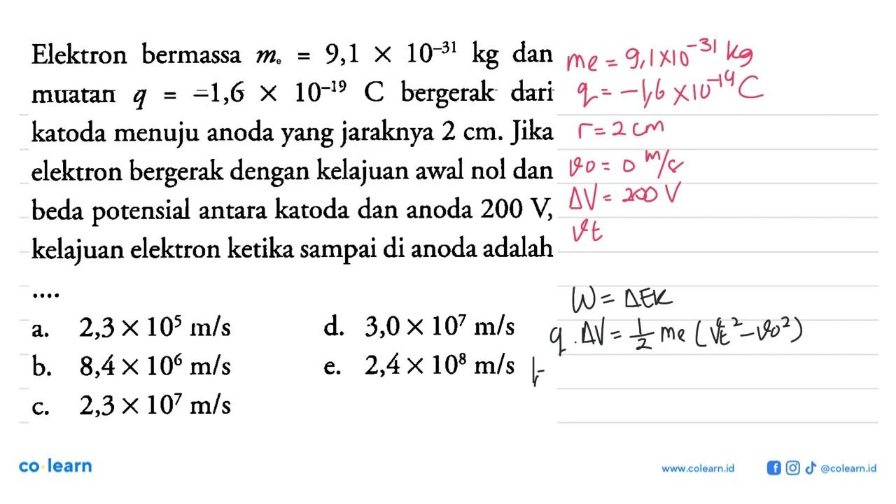 Elektron bermassa me = 9,1 x 10^(-31) kg dan muatan q =